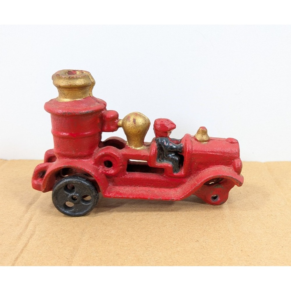 Vintage Cast Iron Fire Engine Pumper Truck Red Gold Toy Figure Missing Wheels 8"